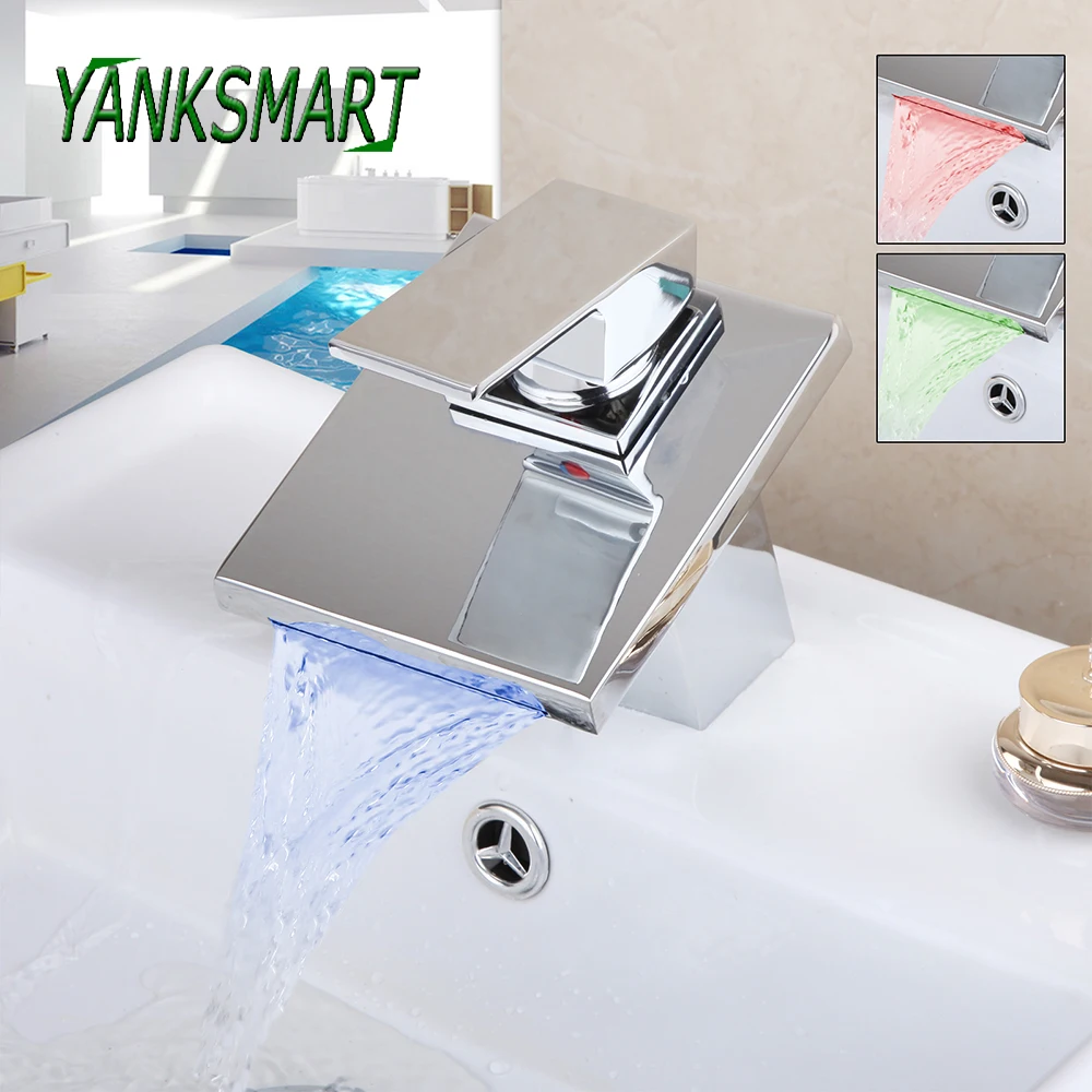 

YANKSMART Chrome Polished Bathroom LED Single Handle Faucet Deck Mounted Waterfall Faucets Cold And Hot Mixer Water Tap
