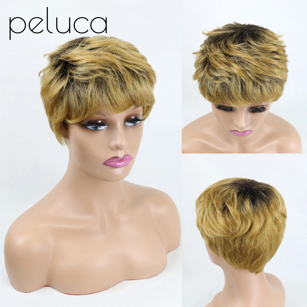 Perucas de Cabelo Brasileiro para Preto Humano Curto Pixie Corte Reto Remy Cabelo Mulher Máquina Feita Perucas Cor Preta Barato Glueless Peruca