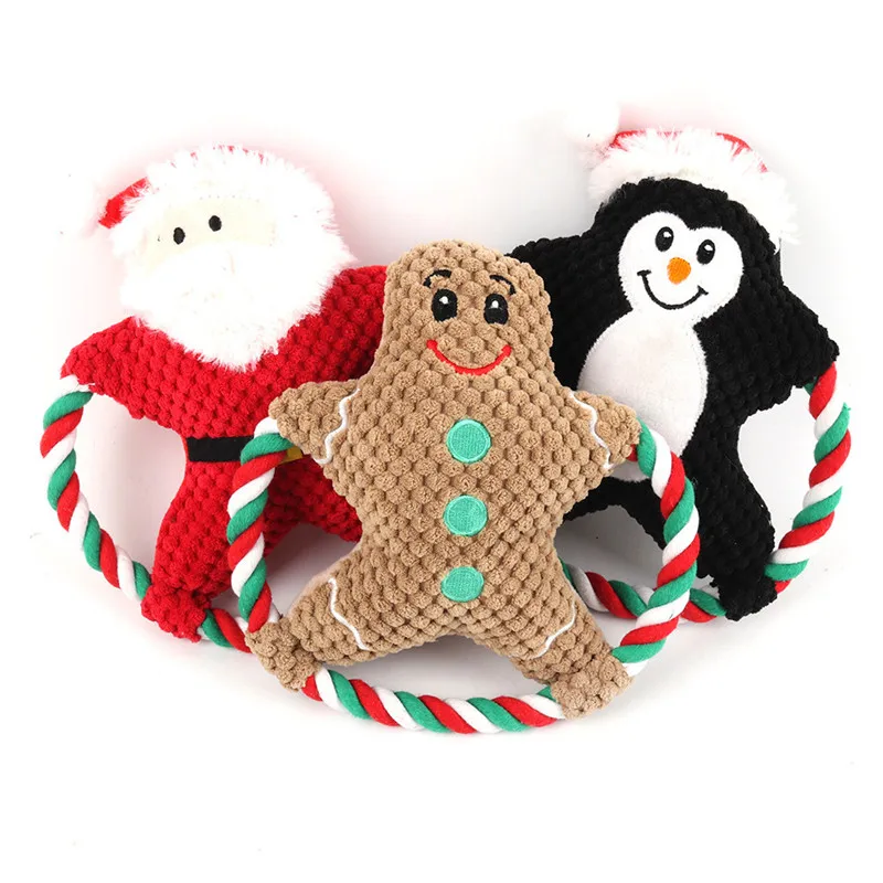 

New Arrival Christmas Pet Plush Cotton Rope Cartoon Toys Squeaky Chew Puppy Toy Cute Santa Claus Penguin Bareheaded Pet Supplies