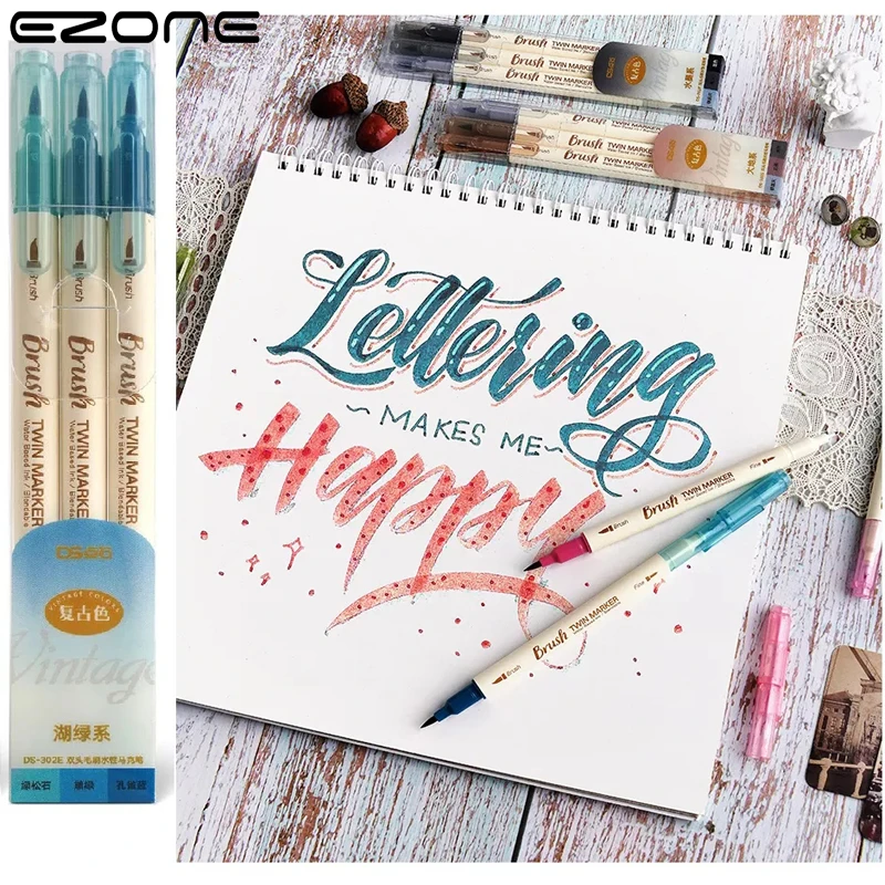 

EZONE 3PCS Retro Color Twin Marker Pens Set Brush Drawing Fine Liner Water Based Ink Blendable Watercolor Art Painting School