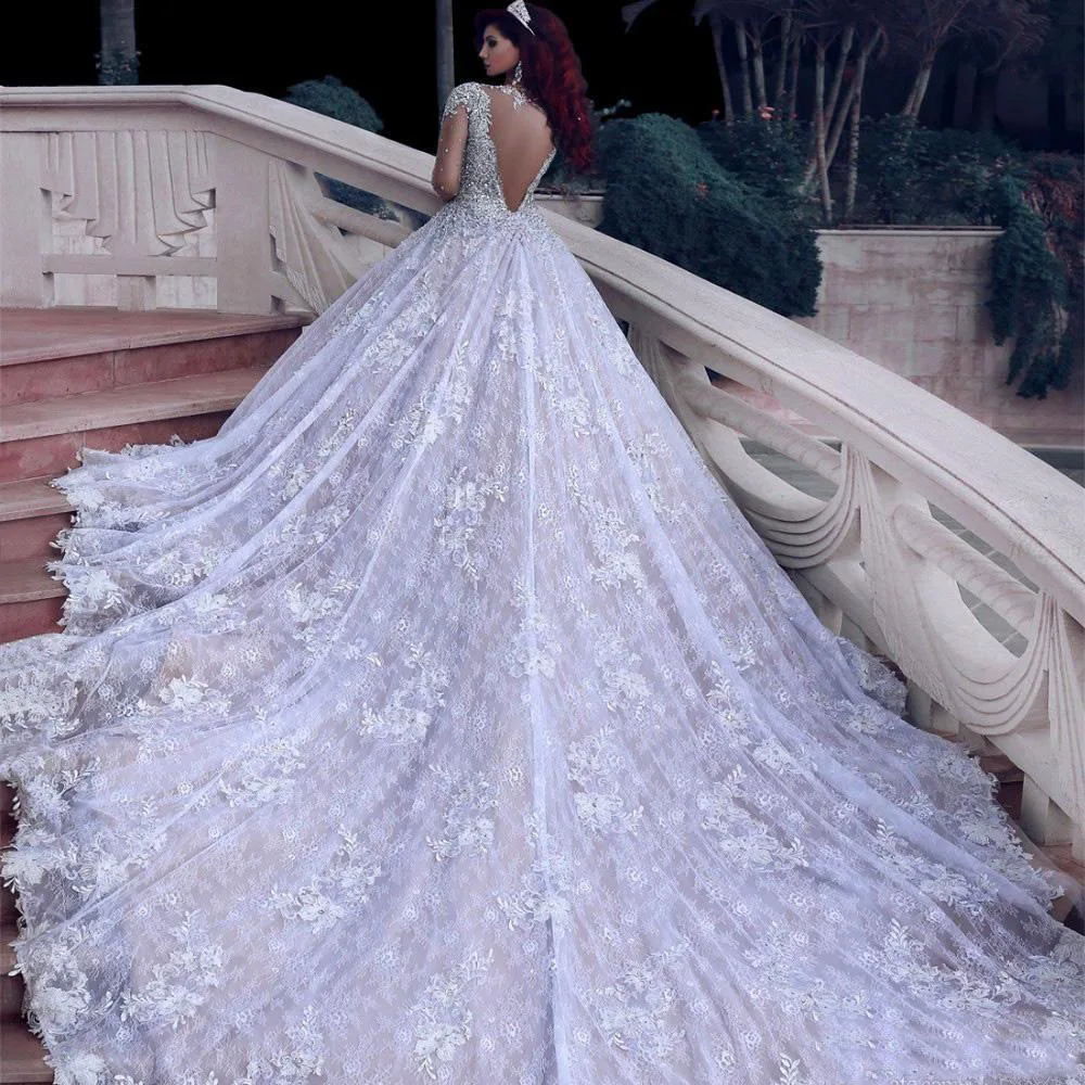 2020 Luxury Beaded Crystal Long Wedding Dresses Long Sleeves Tulle Applique Wedding Bridal Gowns Vestido De Novia Real Photos