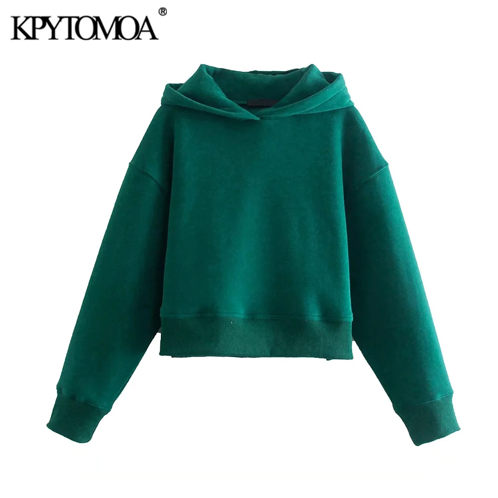

KPYTOMOA Women Fashion Loose Cropped Ribbed Hoodies Sweatshirts Vintage Long Sleeve Side Vents Female Pullovers Chic Tops