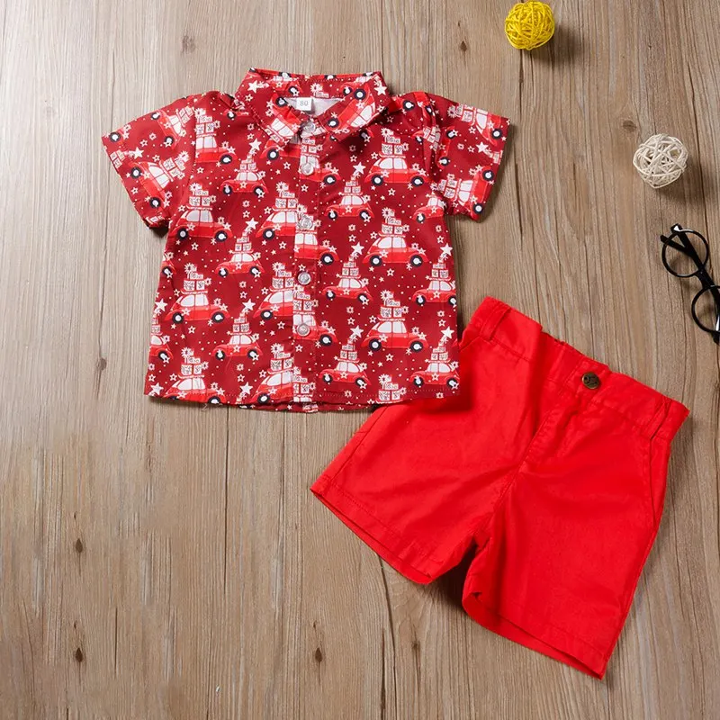 

Christmas Shirts Fashion Soft Cute Children Set Two Piece Short Sleeve Shorts Boys Christmas Car Print Shirt Pants