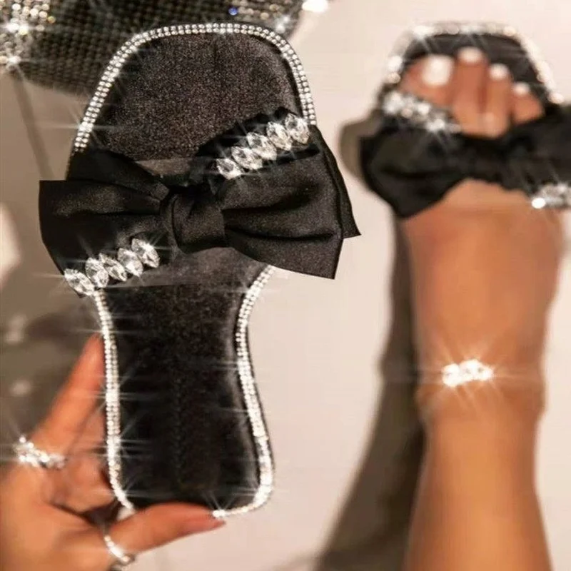 

2022 Summer Women's Shoes Large Size Sweet Bow Ladies Slippers Bling Rhinestone Party Wedding Pink Ladies New Style Slides