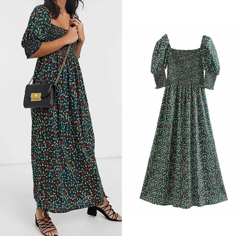 Женское винтажное платье с коротким рукавом квадратным вырезом и цветочным