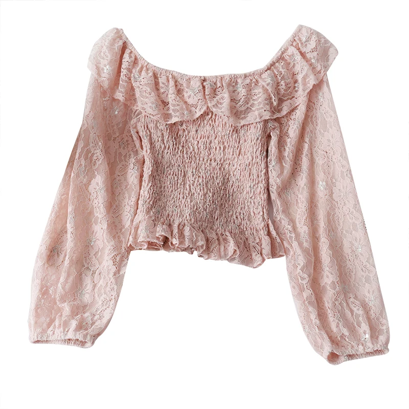 

Sweet super fairy Ruffle one word collar hollow hook flower lace blouse women's autumn slim pleated bubble sleeve shirt