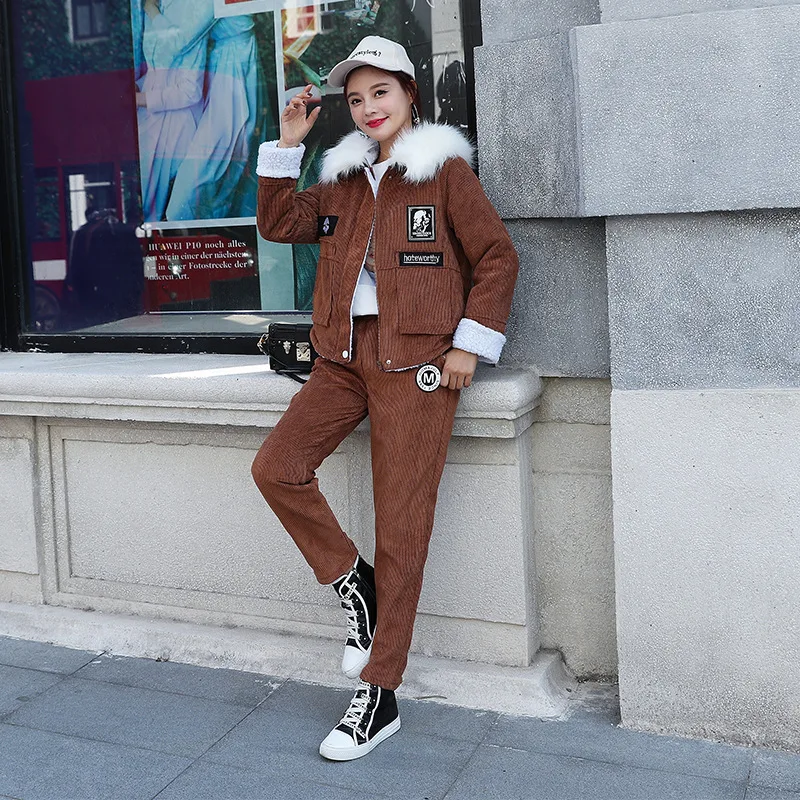 Женский вельветовый спортивный костюм теплый с капюшоном и длинными штанами