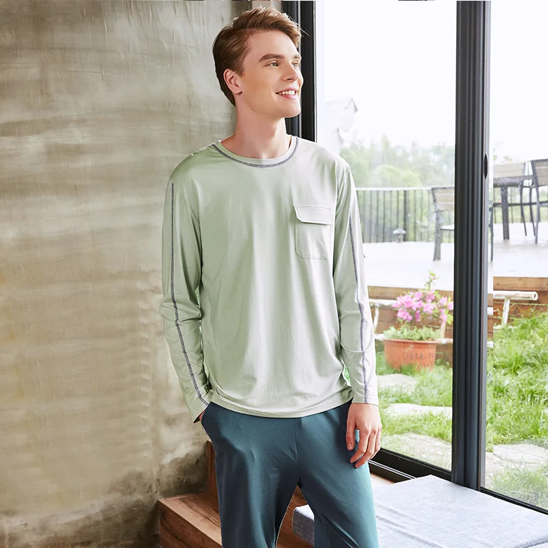 

Spring and autumn long-sleeved knitted cotton pajamas suit Men's casual plus size hedging can be worn at home