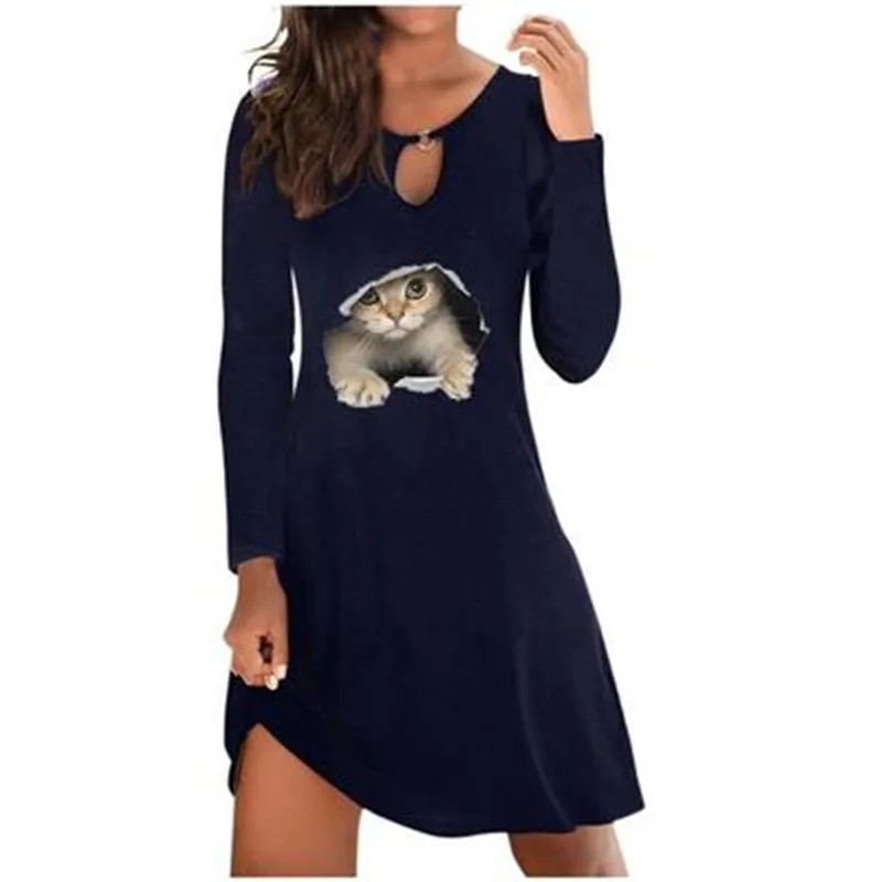 

Autumn Christmas Party Dress Cartoon Cat Printed Mini Dress Women Long Sleeve O-Neck Casual Loose A-Line Dress Lady Vestidos