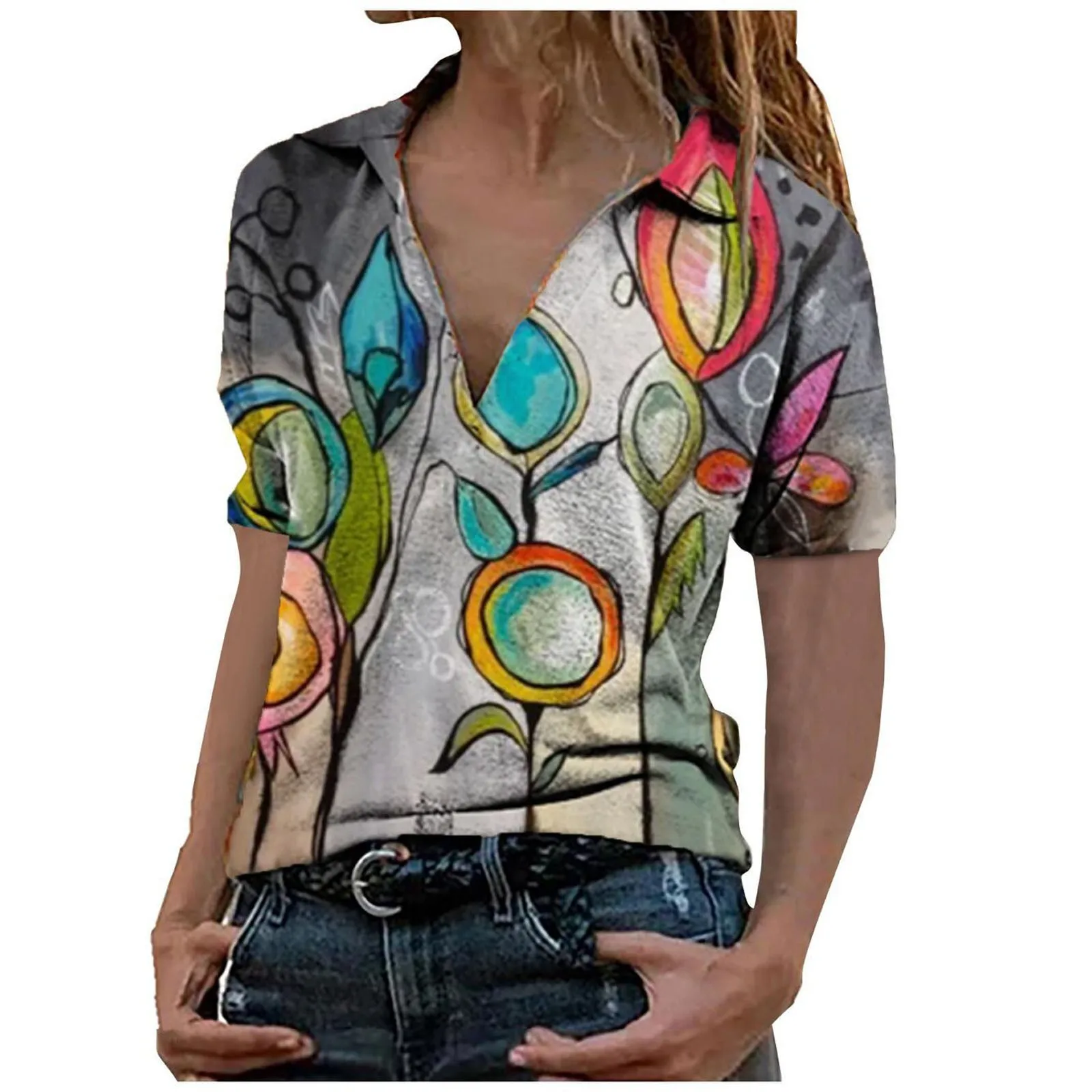 

Harajuku Print Blouse women sexy Blouse casual short-sleeved shirt loose V-neck tops Loose Vintage Female Streetwear#45