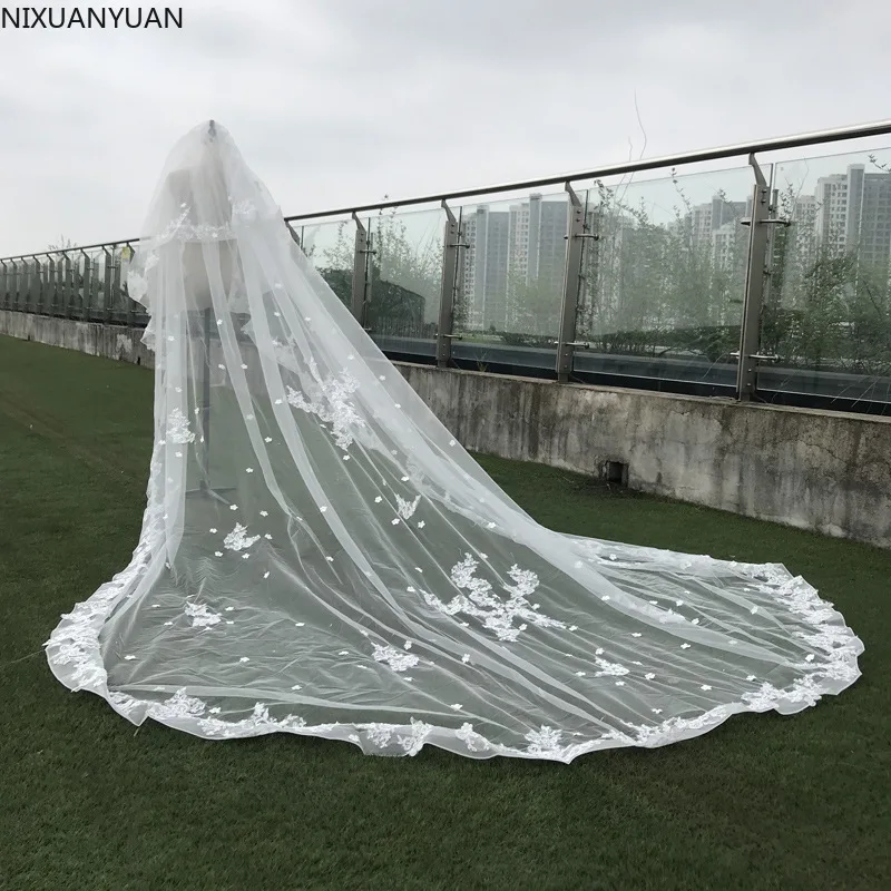 

Real Photos Lace Appliques Wedding Veil White Ivory Cathedral Bridal Veil 4 Meters Long Bride Veil Wedding Accessories 2022