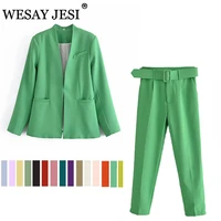wesay jesi womens fashion blazer office suit pantsuit simple solid color suit collar long sleeve trousers 2 piece set blazer