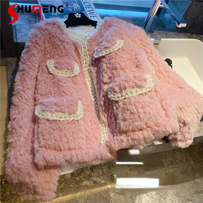 

New Ladies Korean Style Fashion Short Lamb Wool Coat Women 2021 Fall Winter Sweet Elegant Solid Color Pearl Edge Warm Jacket