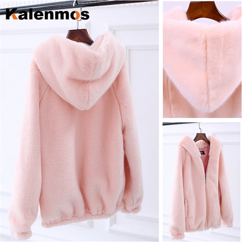 

Coat Women 2021 New Faux Fur with Hood High Waist Francais Slim Black Red Faux Fur Jacket Fake Warm Sexy Rabbit Fur Streetwear