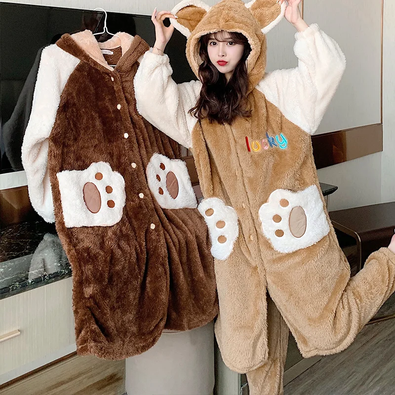 

Осень-зима 2021, женские теплые пижамы, бархатный кавайный халат с медведем, брюки, двухсторонние утепленные и бархатные пижамные комплекты и...