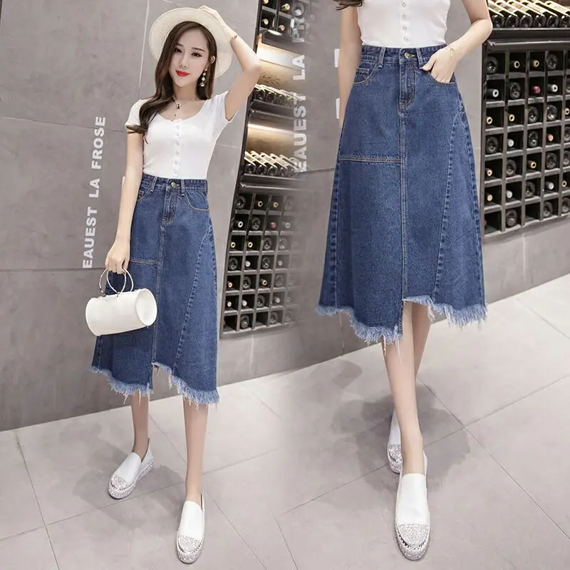 

summer women clothing denim fabric washed skirts s-5xl size mid-calf length high waist A-line women skirts cowboy solid color