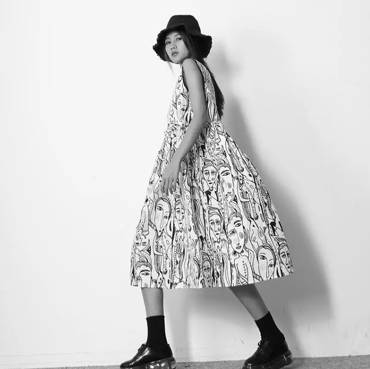 

Spring summer women's runway fashion Designer style white black print dress female casual loose cotton dress TB1016