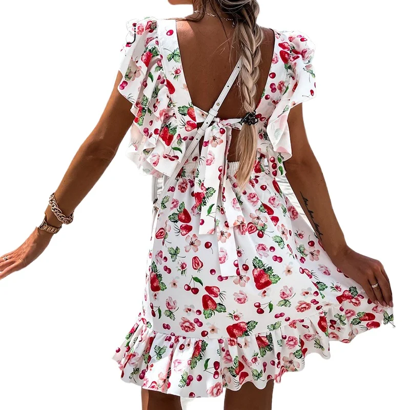 

Summer Floral Dress Women Ruffle Square Collar Butterfly Sleeve Sundress Boho Lace-up A Line Beach Party Mini Short Dress