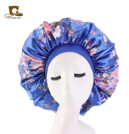 royal blue Очень большая атласная шелковая шляпа с принтом для сна с высококачественной эластичной лентой - Цвет: royal blue