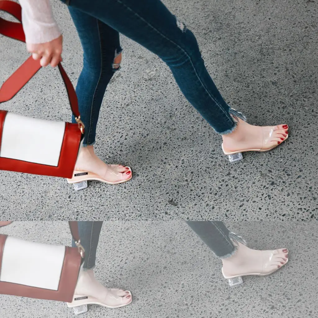 Сандалии женские прозрачные Босоножки с открытым носком квадратный высокий