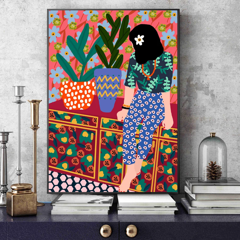 

Hawaiian Girl On Balcony Cartoon Picture Poster And Prints Canvas Wall Art Paintig Modern Decor For Living Room wall decoration