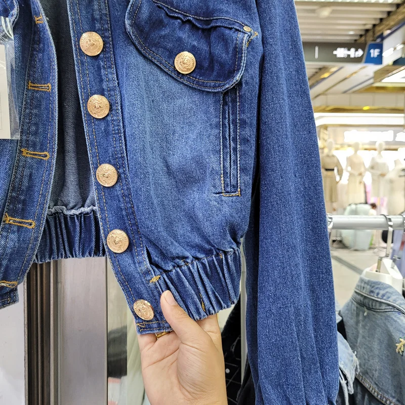 

Fashion Dark Blue High Waist Short Denim Jacket Women Chaquetas Mujer Korean Long Sleeve Outerwear Slim Jeans Jacket Coat Female