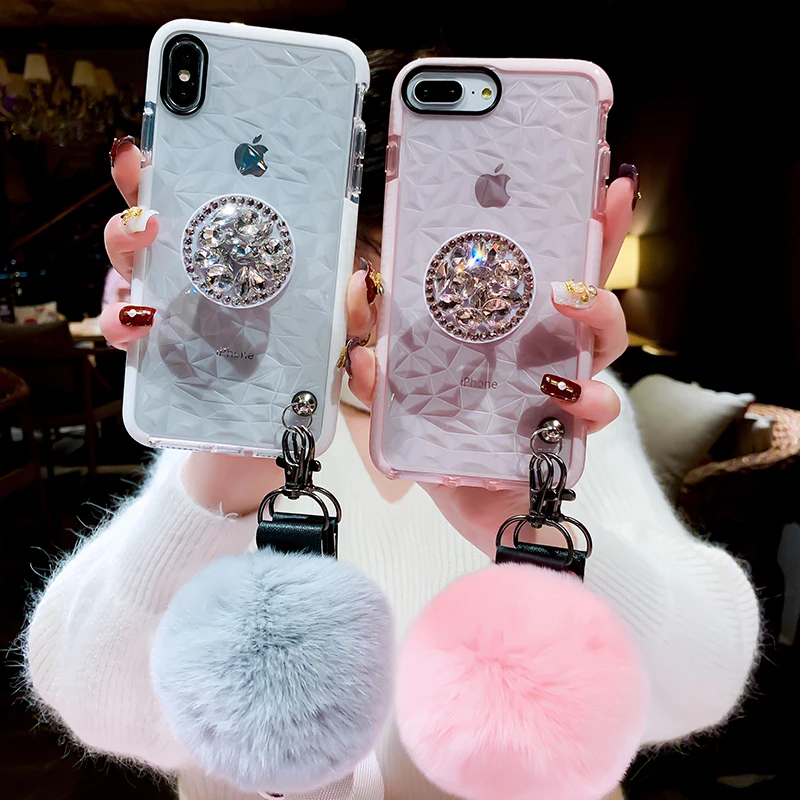 

For Samsung Note10 Pro S8 S9 S10Plus DIY Fur Hair Ball+Crystal Bracket+Strap Clear Phone Case iphone 6 6s 7 8 Plus XS MAX XR