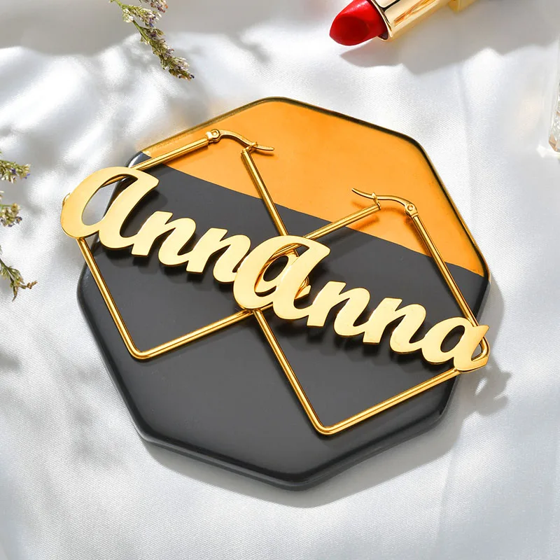 

Hot DIY Jewelry European and American Custom Name Earrings Stainless Steel Square Custom Name Ladies Large Earrings