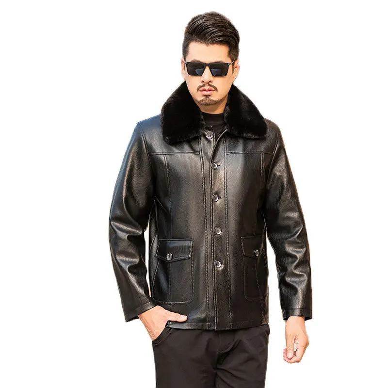 Мужские зимние кожаные куртки с флисовой подкладкой мужское пальто из
