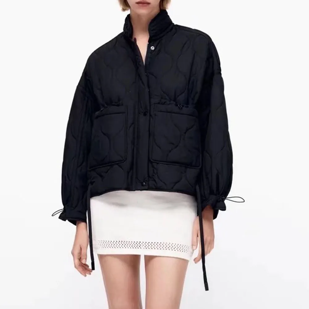 

ZA winter women's cotton-padded jacket high-neck long-sleeved down jacket with drawstring pocket cotton-padded jacket warm top