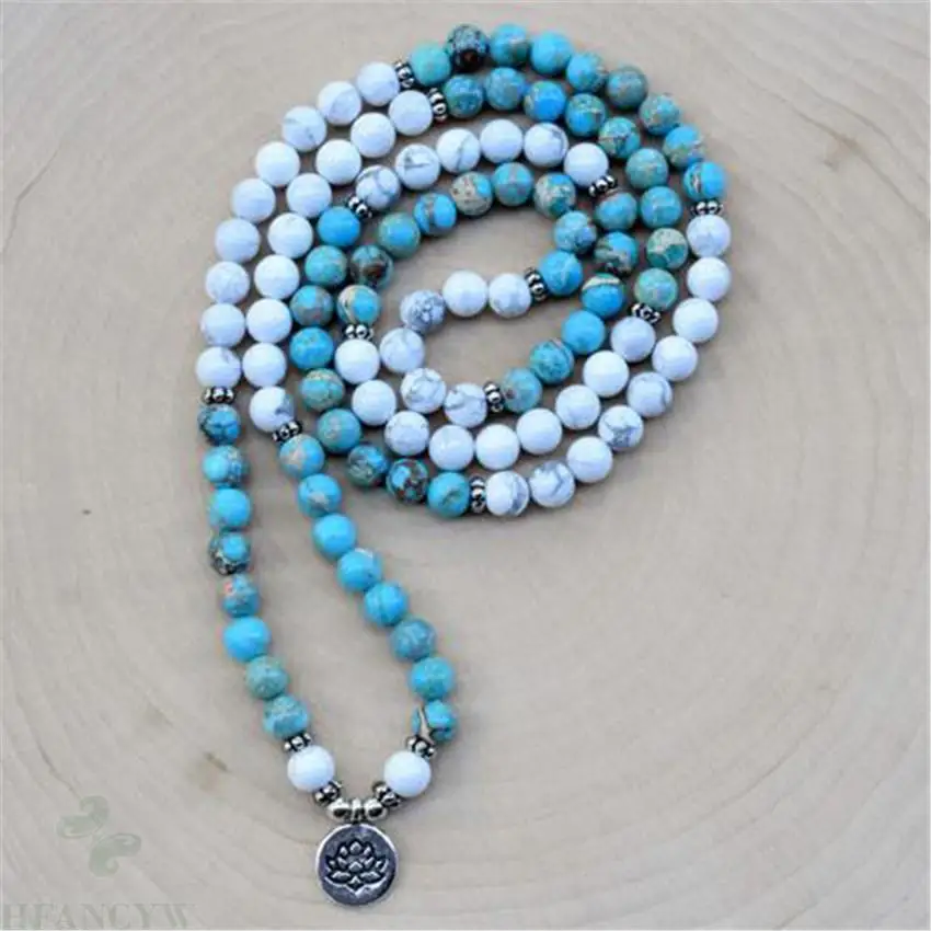 

8mm Blue Turquoise Howlite 108 Beads Gemstone Mala Necklace Classic Tibetan Chakra Retro Japa