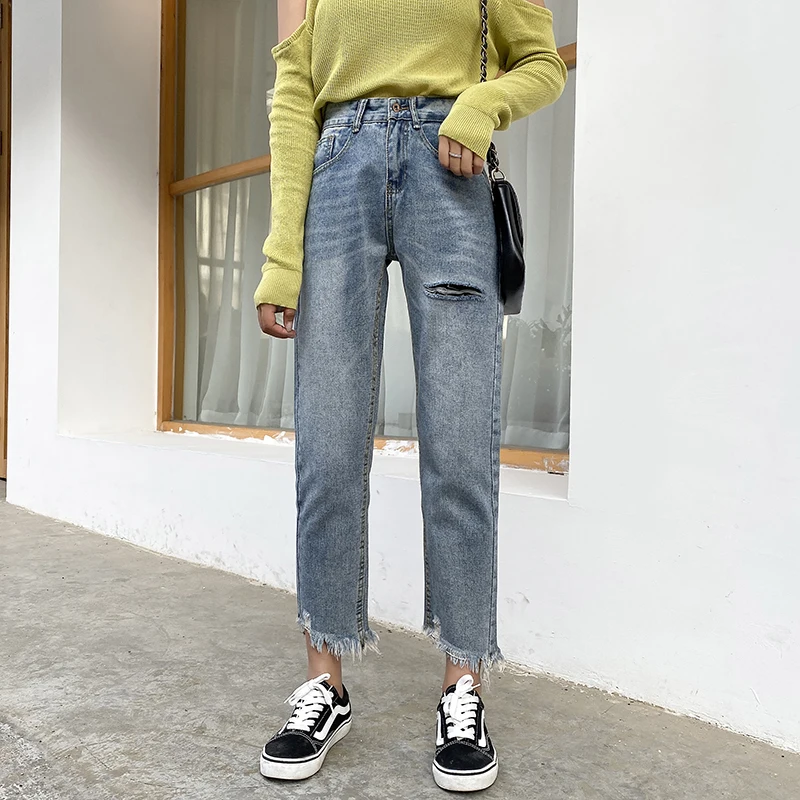 

Autumn Women High Waist Loose Straight Dad Jeans Lady Students Slim Length Pants Female Denim Streetwear Wide Legs Trousers