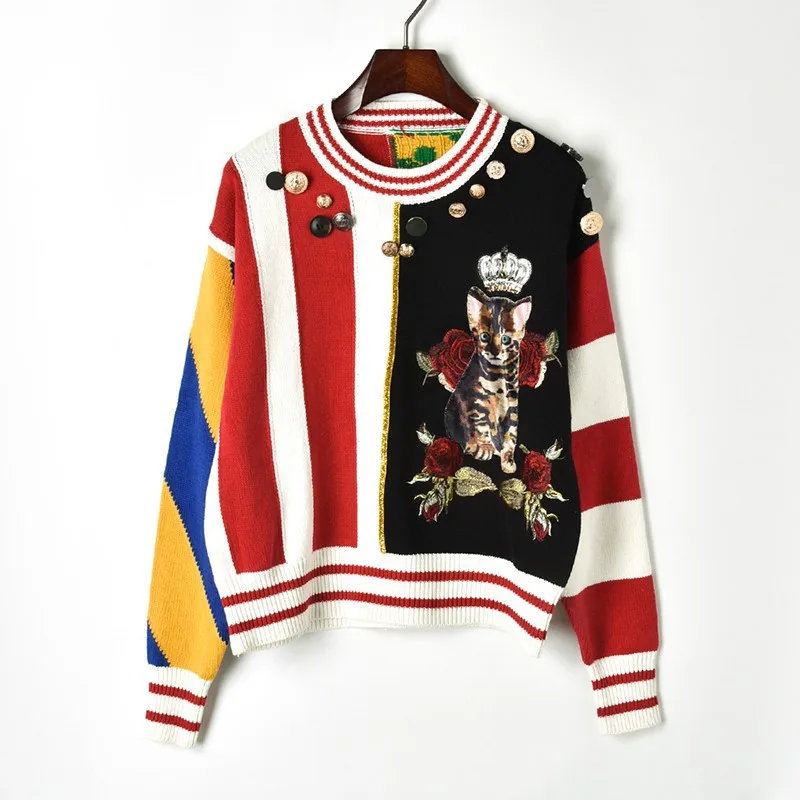 

Crown Cat Flower Button Decorated Sweater Christmas Personality Trend Sweater Color Matching Ladies Clothing Autumn/Winter New