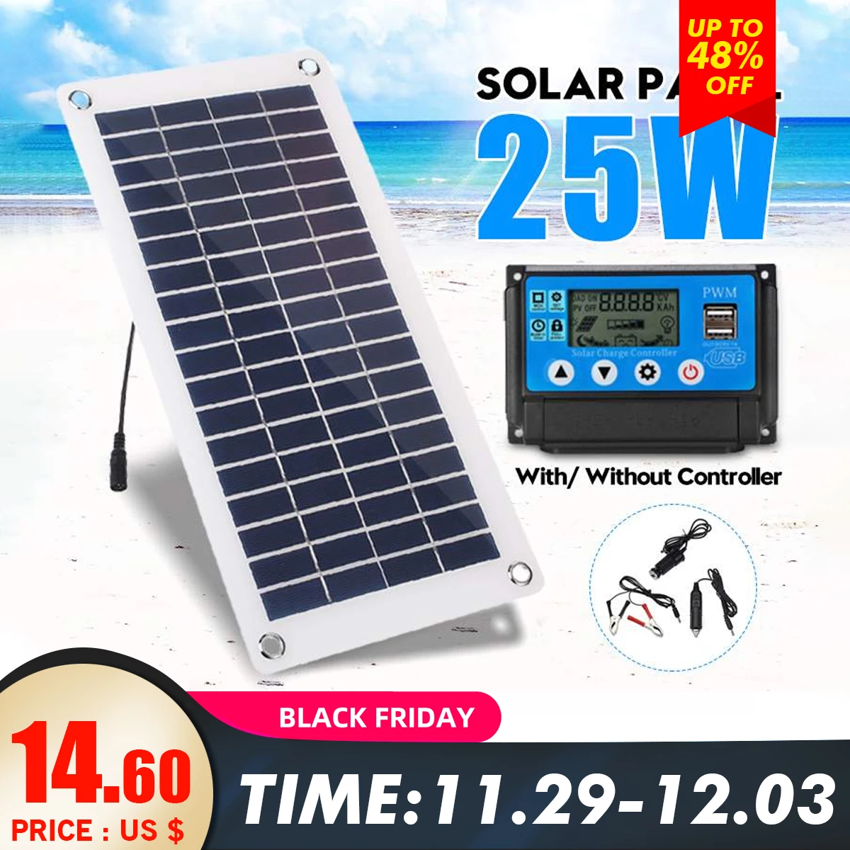 25 Вт солнечная панель USB 12 В/5 В полисиликоновый силиконовый элемент + 10/20/30/40/50A ШИМ