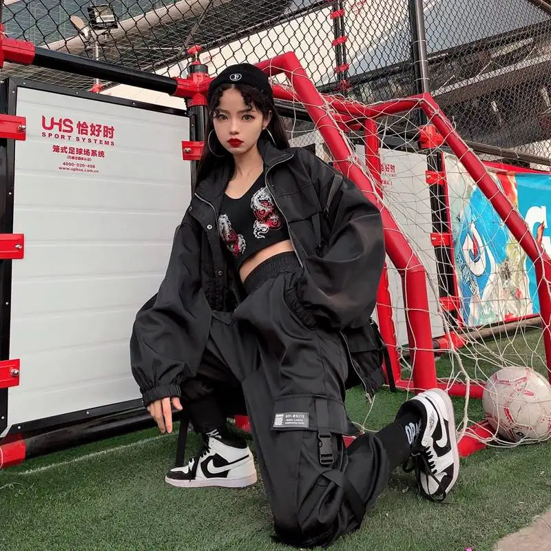 Брюки карго женские с завышенной талией модные черные брюки бомбер в стиле