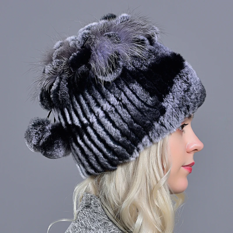 Зимние женские головные уборы с шариками кролика рекс мех помпон skullies beanies Теплые эластичные модные пушистые уличные меховые шапки