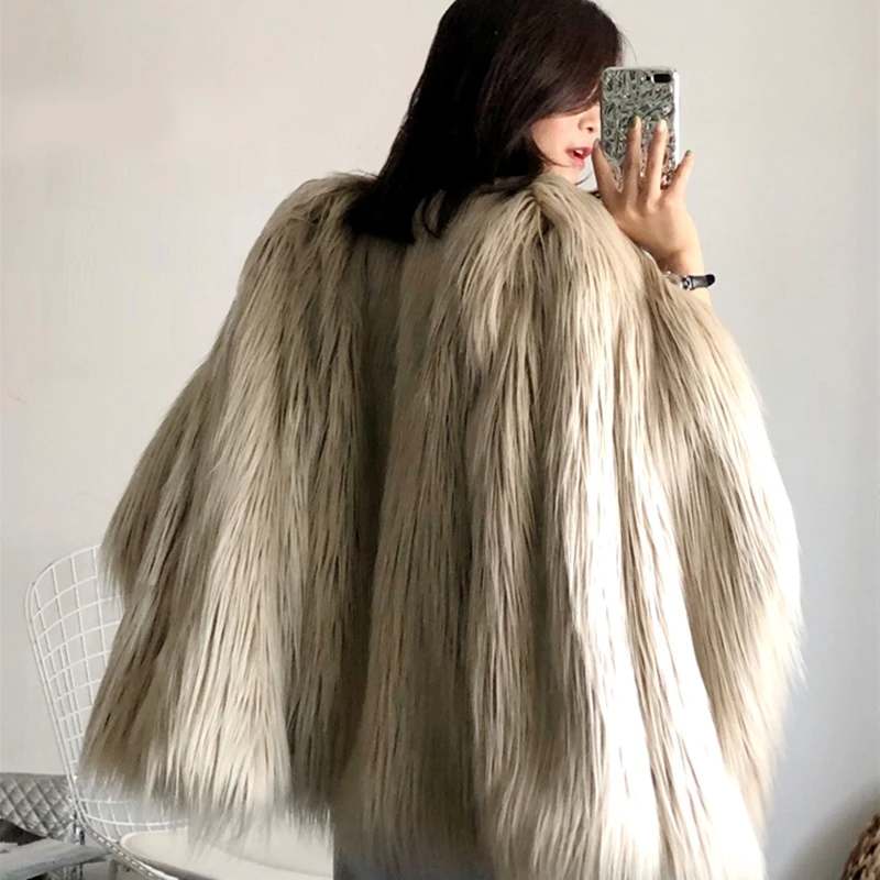 Меховое пальто женское пушистое теплое с длинным рукавом женская верхняя одежда