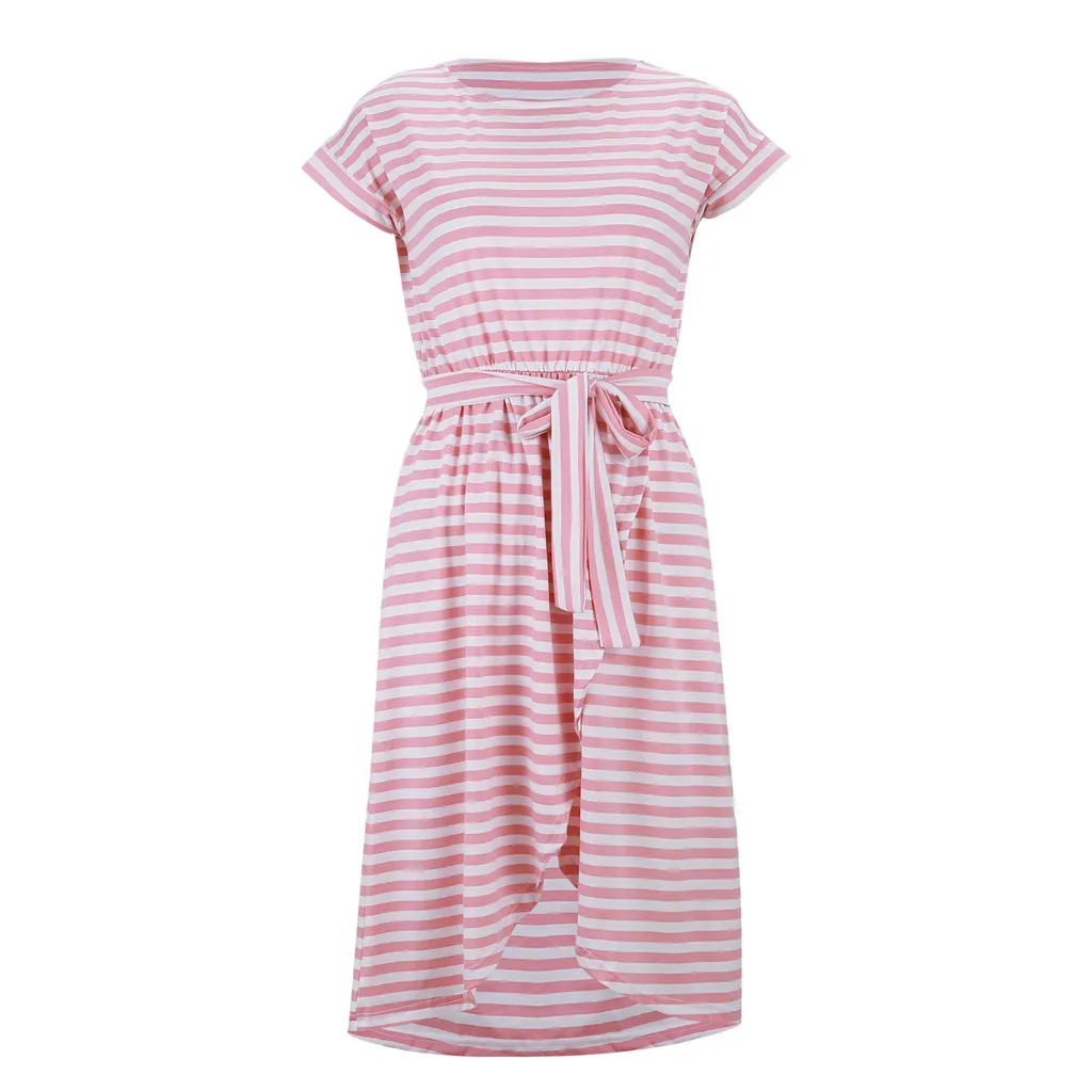Dresses Women Stripe Short Sleeve O Neck Drawstring Waist Split Summer Dress 2020 Evening Party Beach Boho Vestidos #615 | Женская