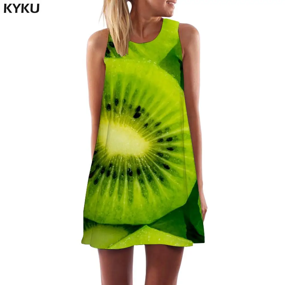

KYKU Brand Kiwi Dress Women Fruit Beach Green Vestido Sexy Harajuku Ladies Dresses Womens Clothing Summer Ladies Wrap Femme