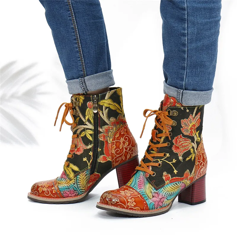 

SOCOFY Women Retro Style Short Boots Embroidery Flowers Warm Flannel Lined Short Boots Casual Outdoor Shoes Botas Mujer 2020
