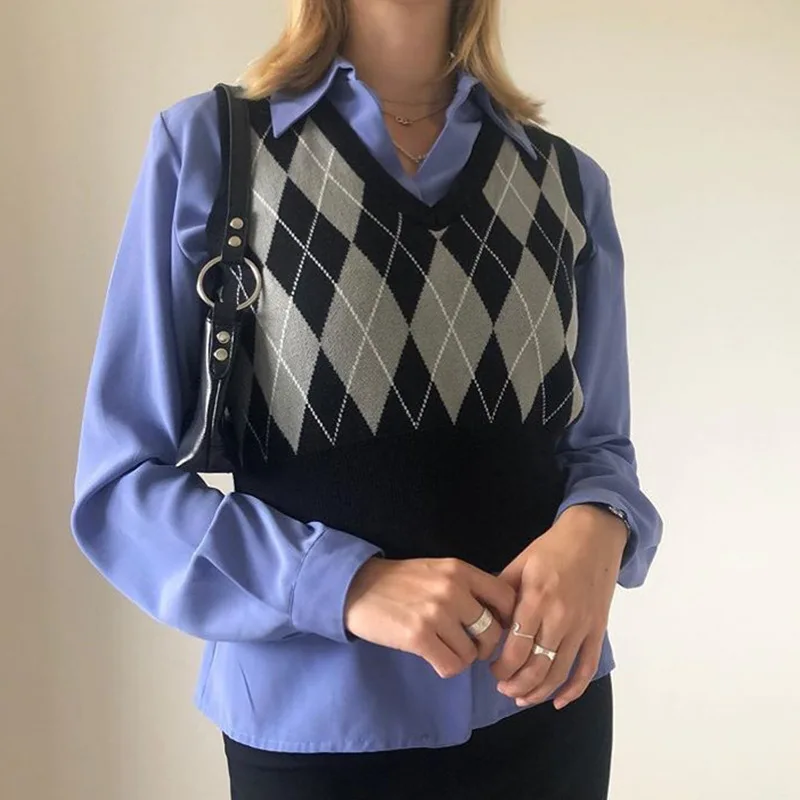 

Винтажный укороченный топ Y2K, свитер с узором ромбиками, жилет с V-образным вырезом, без рукавов, джемпер в клетку в стиле преппи, вязаный пуловер, осенне-зимняя одежда