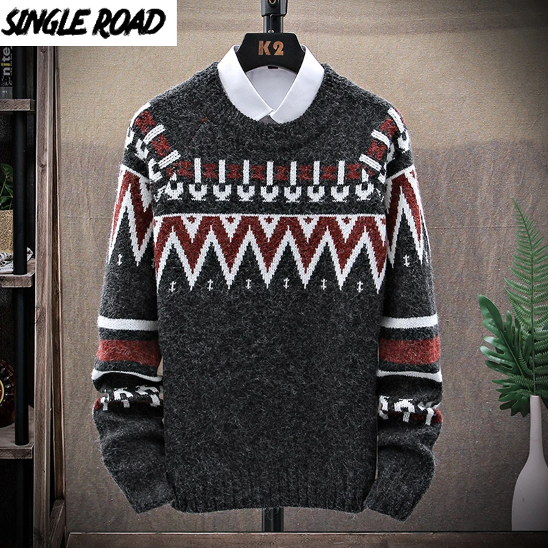 

Single Road Mens Knitted Sweater Men 2021 Winter Bohemian Vintage Patchwork Sweaters Pullover Jumper Male Korean Sweater Men
