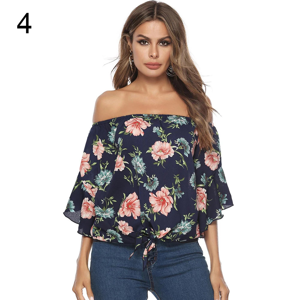 

Women Floral Cherry Print Ruffled Half Sleeve Off Shoulder Tied Hem Shirt Blouse Plus Size Shirt Vintage Tops Gift