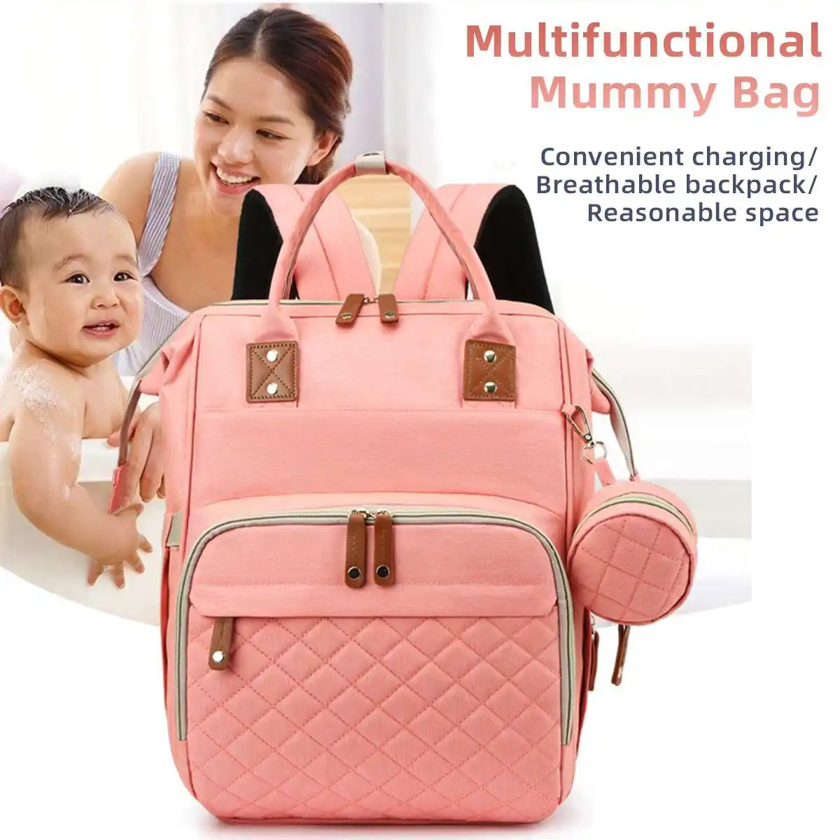 

2IN1 Mummy Bag Crib Bed Nappy Backpack Large Capacity Bag Mom Multi-function Waterproof Outdoor USB Diaper Bags For Baby Care