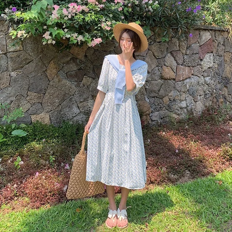 

2021 Summer Floral Print Sweet Dress Short Sleeve Elegant Dress Female Korean Style Square Collar Party Dress for Women Y375