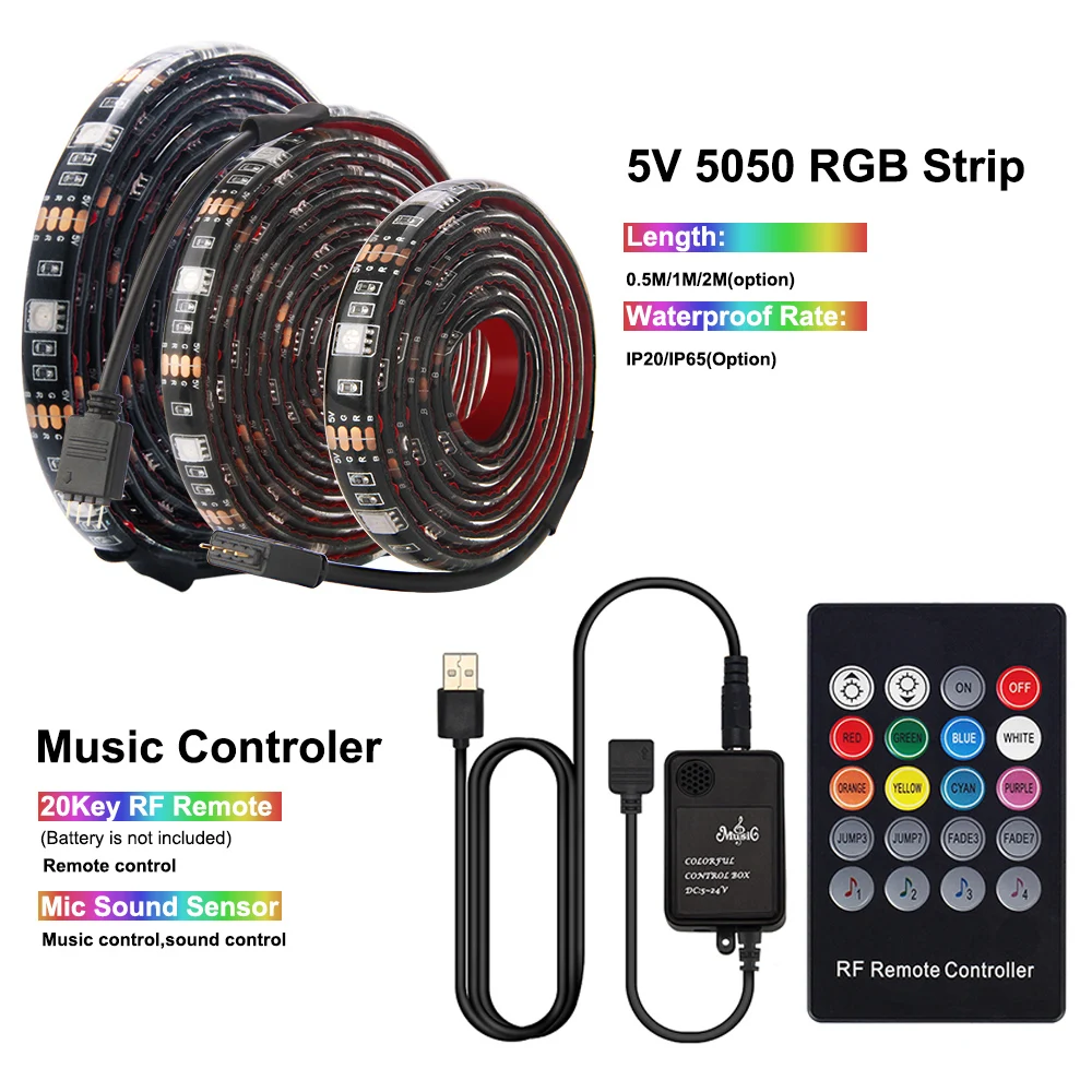 Светодиодная лента RGB 5050 с питанием от USB 20 кнопок светодиодный музыкальный