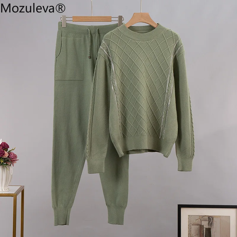 Mozuleva Women Knitted Two Piece Tracksuits Autumn Winter Diamond Loose Sweater and Full Length Harem Pants 2 Set Outfits |