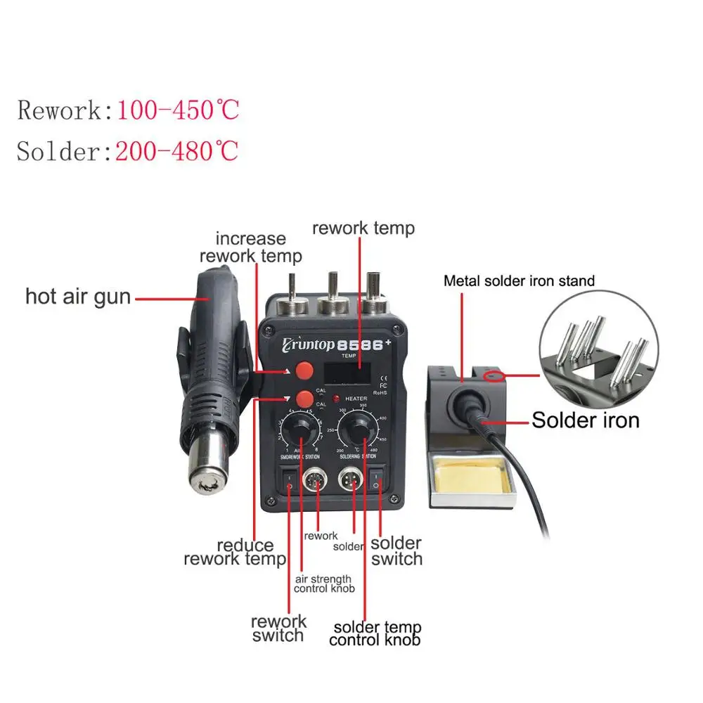 2 в 1 Eruntop 8586+ ESD фена паяльная станция сварочный паяльник для IC SMD распайки Переделанный 8586