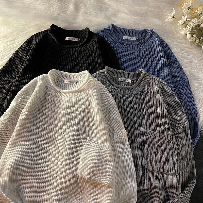 

Свободный Трикотажный Свитер оверсайз с круглым вырезом и длинным рукавом, повседневный однотонный Универсальный пуловер с карманами, мужская одежда на осень и зиму