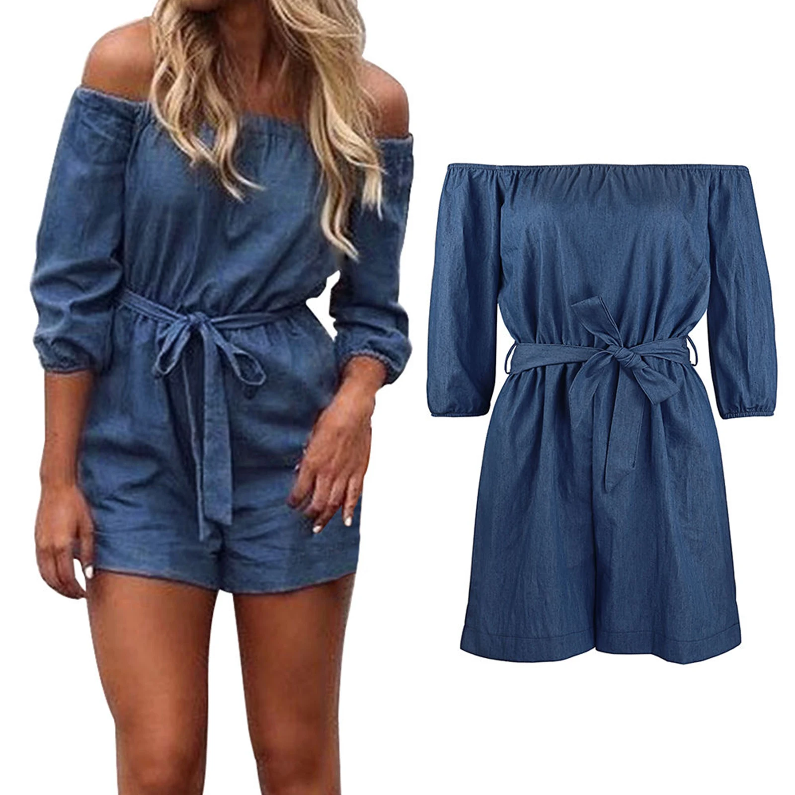 

Women Denim One Shoulder Shorts Jumpsuit Lace Up Solid Casual Slim Playsuit Fashion Clothes Ladies Summer Holiday Beach Romper